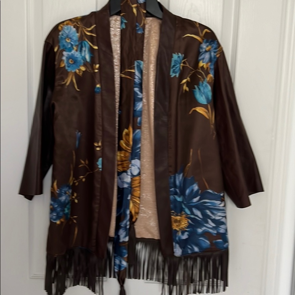Leather trim fringe jacket cardigan